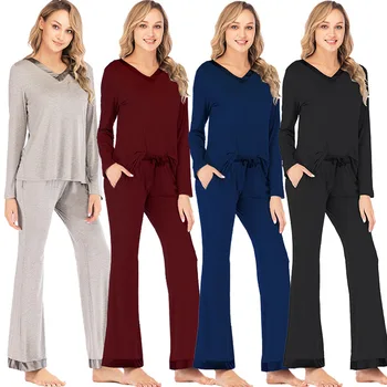 2020 Nouă Femei V-Neck Loose Casual Serviciu Acasă Plus Dimensiunea Femei cu Maneci Lungi Set de Pijamale Acasă Purta Pijamale Top + Pantaloni