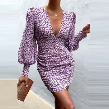 2021 nou de înaltă talie V-gât rochie de vara de imprimare de moda felinar sac de maneca hip fusta doamnelor elegante print cu maneci lungi rochie de petrecere