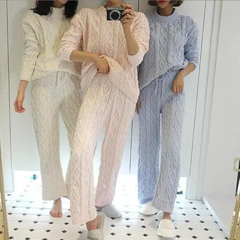 2022 Pijamale Femei De Promovare S-Au Grabit Pijamale De Iarnă Acasă Set Bomboane De Culoare Pulover + Pantaloni Largi Picior 2 Seturi De Serviciu Pijama