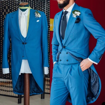 Albastru Clasic De Afaceri Costum Barbati, Un Singur Buton Tailor-Made Trei Piese Sacou Vesta Pantaloni Designer Ocazie Formale Costum Făcut