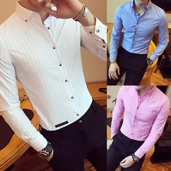 Coreea Style Moda Frumos Mens Shirt Butonul În Jos Toate Se Potrivesc Slim Fit Cu Dungi Bluza Cu Maneci Lungi Cu Dungi Topuri Asain Dimensiune B182