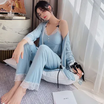 Fdfklak Modal Pijamale Femei Noi Acasă Haine De Bumbac Cu Mâneci Lungi Sleepwear Rochie De Noapte Palat În Stil Dulce Sling Set De Trei Piese