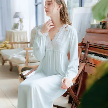 Femei de Primavara Retro Curtea Cămăși de noapte Lungă cu mâneci Prințesă Sexy Rochie de Noapte Lace V-neck Bumbac Lung Pijamale Solid Îmbrăcăminte Acasă