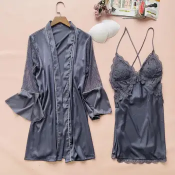 Femei Sexy Sleepwear Set Halat De Mătase, Satin Kimono-Halat De Baie Rochii Largi Casual Camasa De Noapte, Pijamale Mozaic Dantela Lenjerie Intima