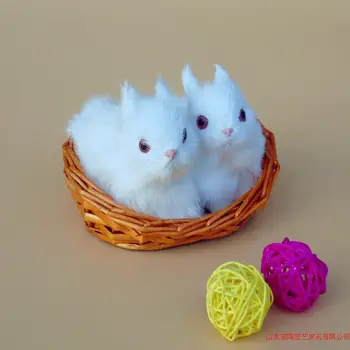 simulare drăguț iepuri albi 11x7x7cm o pereche de iepuri într-un coș model de polietilenă&blănuri de iepure model de decorare cadou d503