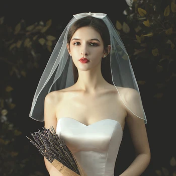 V705 Simplu, Nunta, Voal De Mireasa Cu Un Singur Strat De Tul Satin Arc Edge Alb Scurt Umăr Voal Femei Căsătorie Accesorii