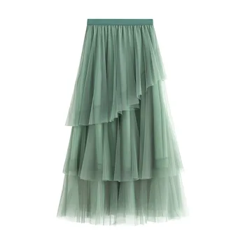 Verde Roz Maxi Lung Fusta Tul de Femei de Moda coreeană Elegant Mare Elastic Talie O-linie Fusta Tutu de sex Feminin Jupe Longue