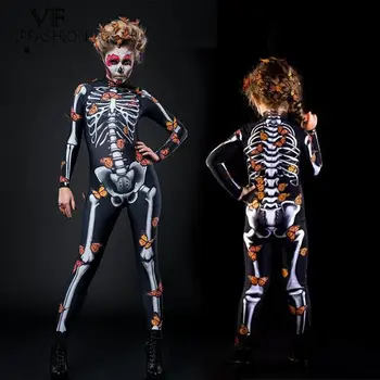 VIP MODA Halloween Cosplay Părinte-Copil Dresuri Tipărite de Lungă Maneca dintr-O Bucata, Jambiere Femei Fete Cranii Elastic Bodysuits