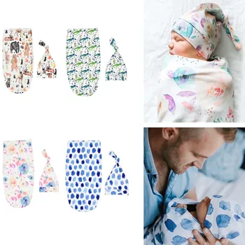 2 buc Baieti Fete Imprimare Pături Nou-născut Sac de Dormit de schimbare de Scutece Muselina Folie+Hat Set Accesorii pentru Copii de 0-6 luni