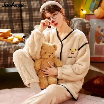 2021 Iarna Noi Gros de Catifea Caldă Pijamale Femei Flanel de Desene animate Drăguț Pijamas Set Moda coreeană Sleepwear Set de Două piese