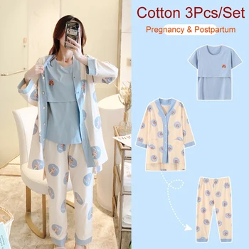 3Pcs/Set Bumbac Sarcinii Maternitate Pijama Set Femeile care Alăptează Gravidă Pijama Sleepwear somn topuri pantaloni halat de Alăptare Aproape