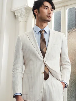 60% Lenjerie De 40% Bumbac Pentru Bărbați Costume Pentru Bărbați White Stripe Slim Fit Nunta Mirele Purta Haine 2022 Primăvară-Vară Subțire Sacouri Pantaloni Set 58