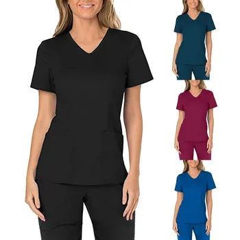 Asistenta Uniforme Femei Short Sleeve V-neck Blaturi de Lucru Uniformă Solid de Imprimare Buzunar Bluza Salopeta Asistenta uniforme clinico