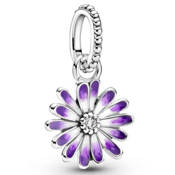Autentic Argint 925 Clipe Grădină Purple Daisy Cu Cristal Legăna Farmecul Șirag De Mărgele Se Potrivesc Brățară Pandora & Colier Bijuterii