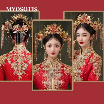 Chineză Mireasa Coroana De Flori Lucrate Manual Cu Ciucuri Nunta Tiara Mireasa Regina Printesa Coroane Femei Costum Accesorii De Par