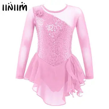 Copii Fete De Îmbrăcăminte Elegante, De Culoare Roz, Cu Maneci Lungi Decolteu Rotund Paiete Decor Flori De Gol Fata Spate Dans Balet Poarte Rochie