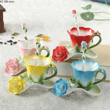 Creatoare de Moda 3D Rose Forma Floare Email Ceramic Cafea, Ceai, Ceasca si Farfurie Set de Lingura de Portelan Cana de Apa Ziua Îndrăgostiților Cadou