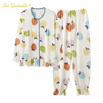 Curcubeu Capsuni Imprimate Kawaii Pijama pentru Femei Asain Dimensiuni 100% Bumbac Țesute Sleepwear Cardigan Lung din Bumbac Confortabil Pj Set