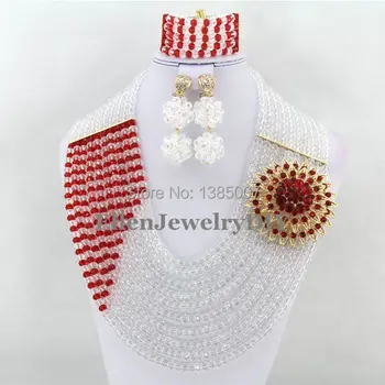 De înaltă Calitate 10 Rânduri Alb Nigerian Nunta Africane Set de Bijuterii Margele de Cristal Colier Bratara Cercei Seturi WS4315