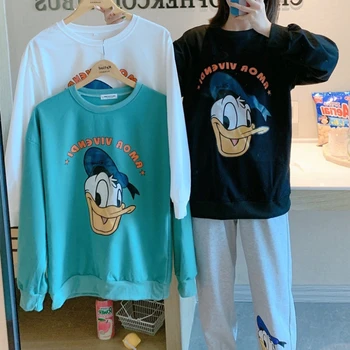 Disney Donald Duck Femeie Kawaii Seturi de Pijama O-neck Mâneci Lungi Tricou și Pantaloni de Pijama Homewear Costum Pigiama Donna Inverno Doamna