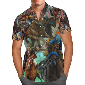 Dragostea Cal Print Short Sleeve Shirt Pentru Barbati Cardigan Vrac Buton De Cămașă Plus Dimensiune Stil Hawaiian De Vară 2021 Ventilate Tricou