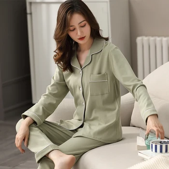 Femei Din Bumbac 100% Pijama Verde Primăvară Sleepwear Doamnelor Dormir Pijamas Mujer Dormitor Acasă Haine Din Bumbac Pijama Femme