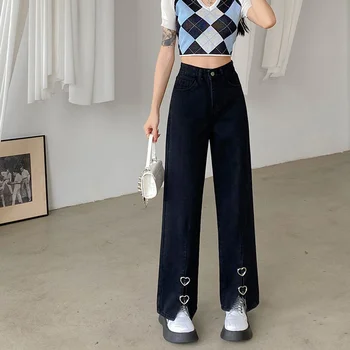 Femei Negru Streetwear Moda Coreeană Codrin Largi, Supradimensionate Talie Inalta Blugi Pantaloni Drepte Largi Picior Pantaloni Din Denim Alt Haine