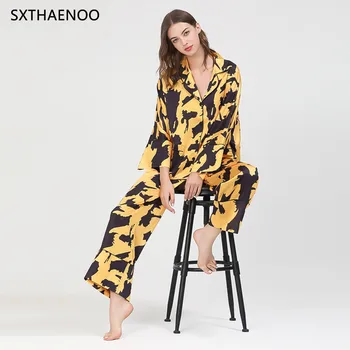 Femei Pijama Set de Pijamale Imprimate cu Maneci Lungi Mujer Pijamas Nuisette Lenjerie Sexy Pijamale de Mătase Satin Pijama Set 2 buc