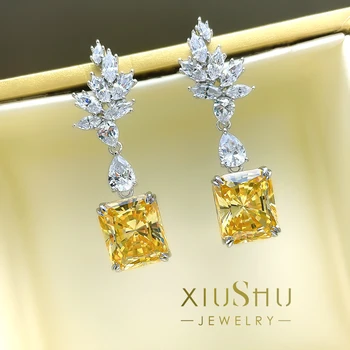 Industria grea de 10 carate artificiale diamant galben cercei Lungi princess square flori de gheață tăiate 95 sterling silver cercei gros