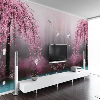Milofi profesionale personalizate de mare tapet mural modern minimalist frumos dreamy pink cherry blossom Lacul Lebedelor peisaj