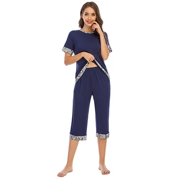 Moda de vara Gât Rotund Masiv Mozaic Maneci Scurte Topuri și Pantaloni Set de Pijama Femei Casual Pijamale Seturi