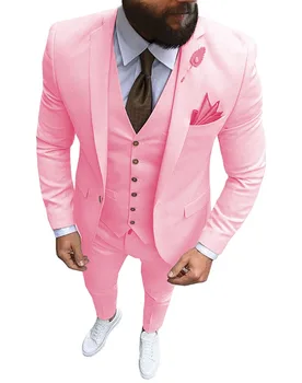 Nouă Oameni de culoare Roz 3 Piese Costum de Afaceri Formal Notch Rever se Potrivesc Subțire Fracuri cel Mai bun Om Sacou Pentru Nunta(Sacou+vesta+Pantaloni)
