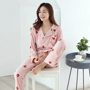 Pijama Pentru Femei din Bumbac 100% Femei Seturi de Pijamale Mâneci Lungi Guler de Turn-down Buzunar Decor Top+Pantaloni Femei de Noapte, Pijamale