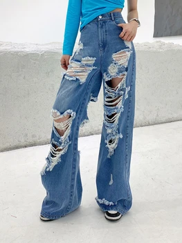 Rectificat Gaura de Spălat Blugi Femei 2022 Primavara-Vara Noua Moda de Înaltă Talie Pantaloni Largi Picior la Modă Bavuri Direct Trouses YQ416