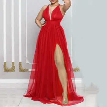 Rochie eleganta Femei pentru Petrecerea de Nunta Curea de Spaghete fara Spate V-Gât Înalt Split Etaj Lungime de Lux Cina de Ziua Vestidos