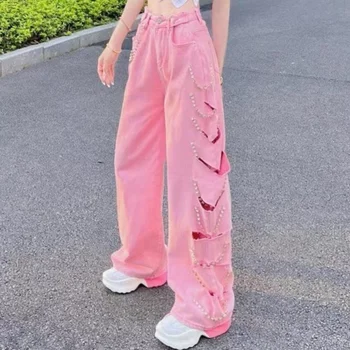 Roz Blugi boyfriend pentru Femei Neregulate 2K Roz Cargo Blugi Vintage Egirl Streetwear Supradimensionat Largi Picior Denim Pantaloni Harajuku