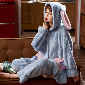 Seturi De Pijama Femei, Cu Maneci Lungi Cu Glugă Dulce Minunat Sleepwear Elevii Iarna Îngroșarea Flanel Moale Acasă Tinutelor Casual Chic