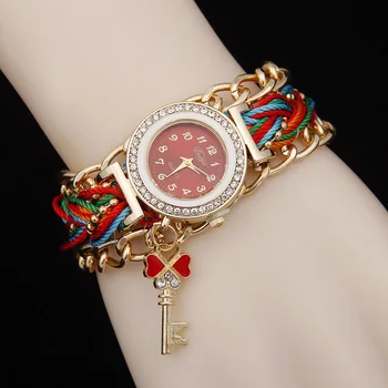 Stil etnic doamnelor lanț țesute ceas, cheie, set de pandantiv cu diamante, British ceas