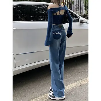Toamna Femei de Epocă Blugi Largi cu Talie Înaltă Full-lungime Pantaloni Denim Pantaloni Largi Picior Streetwear Drept Bază de zi cu Zi E736
