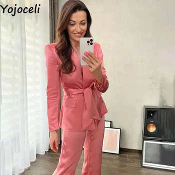 Yojoceli Toamna femei curele de buzunare din satin blazer Elegant party club de moda sacou Office lady dulce slim îmbrăcăminte exterioară