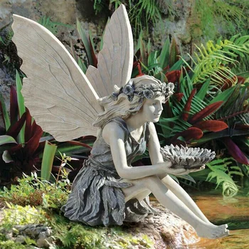 Țara Minunilor Flower Fairy Angel Statuie Decor Gradina Ornament Aripa Rășină Stând Baie De Pasăre Alimentator Fata Figurine Decor În Aer Liber