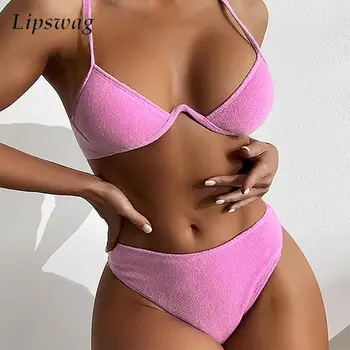 2023 Noi Femeile Sexy Roz Cu Spatele Gol Din Dantela Două Piese De Costume De Baie De Bază Underwire Push Up Bikini Seturi De Moda Pufos Tanga Beachwear