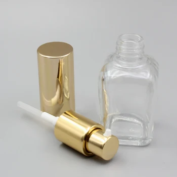 30ml ser de sticlă cu pompă, flacon de sticlă pătrată cu pompa de aur/argintiu/negru