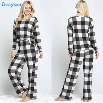 Daeyard Bumbac Pijama Set Pentru Femei Camasi Carouri Și Pantaloni Două Piese Casual Pijamale Homewear Femela Leopard Pj Set Pijamale