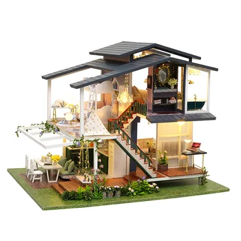 DIY Hut Vilă în stil francez Papusa Printesa Casei Jucarii Kit Manual Manual Asamblare Mobilier Model 3D din Lemn in Miniatura casă de Păpuși