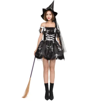 Fantezie Sexy Costum de Vrăjitoare pentru Femei Adulte Tipărite Tul Vrăjitoare Rea Cosplay pentru Petrecerea de Halloween Rochie