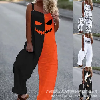Femei Fără Mâneci Curea Full Lungime Pantaloni Salopete De Halloween Negre Înfricoșător Imprimare Față Suspensor Salopeta Talie Mare