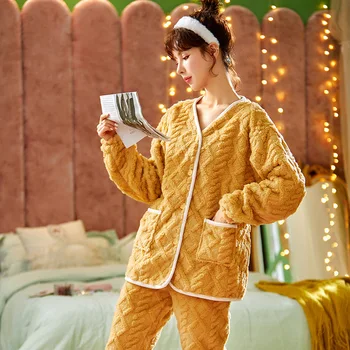 Iarna V-Neck Cardigan&Pant 2 BUC Homewear Femei Flanel Cald Pijamale Costum Vrac se Ingroase Pijamale Confort Casual Pijamale