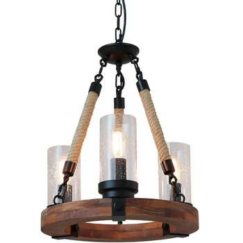 Lemn de cânepă frânghie candelabru retro fermă stil candelabru retro rotund lampă cu 3 lămpi cu abajur de sticla