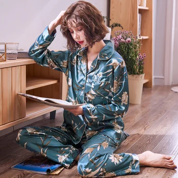 Pijamale Fată de Primăvară Antumn Matase de Gheață Maneca Lunga Lady coreean Ediția de Vară Housewear Femei din Două piese Costum Moale cămașă de noapte H5594